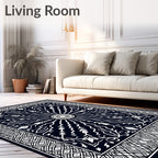 Dark Navy White Floral Sunburst Border Rug
