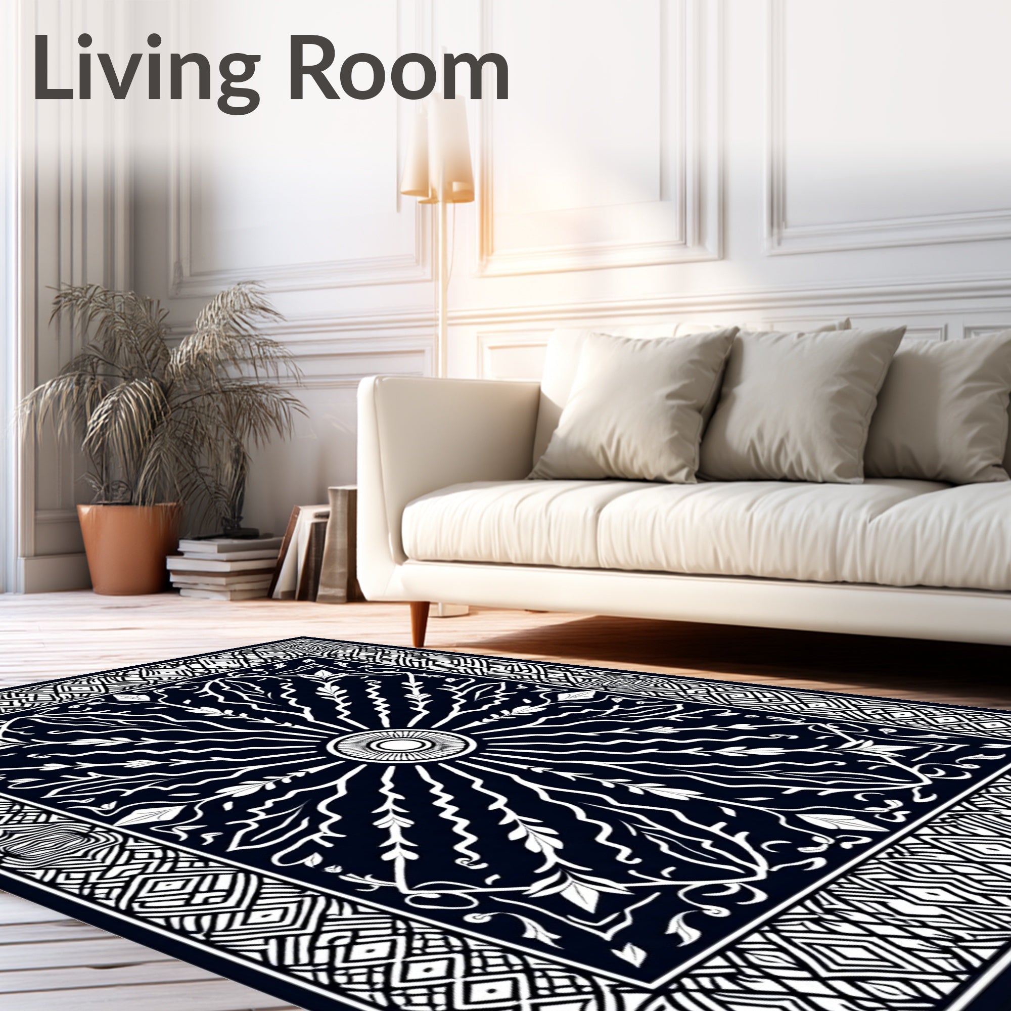 Dark Navy White Floral Sunburst Border Rug