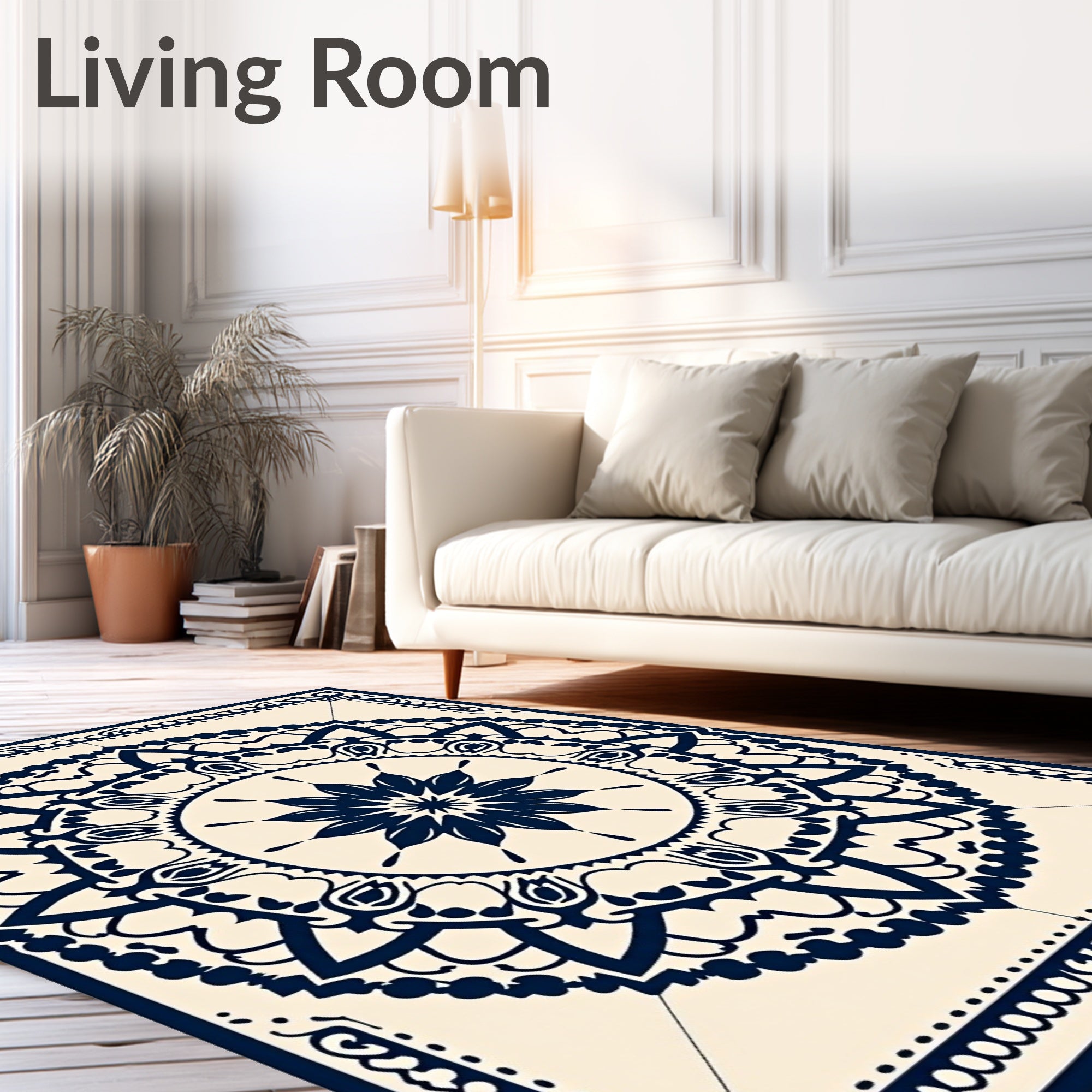 Deep Blue Floral Medallion Tiled Rug