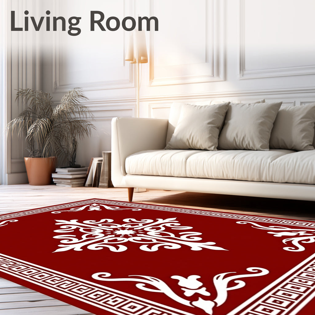 Deep Red Ornate Medallion Border Rug