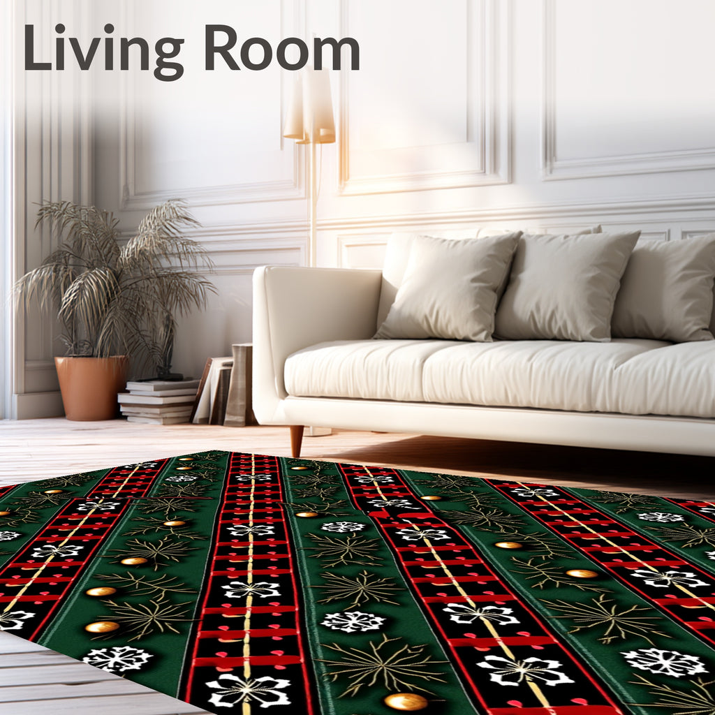 Festive Red Green Plaid Snowflakes Garland Rug