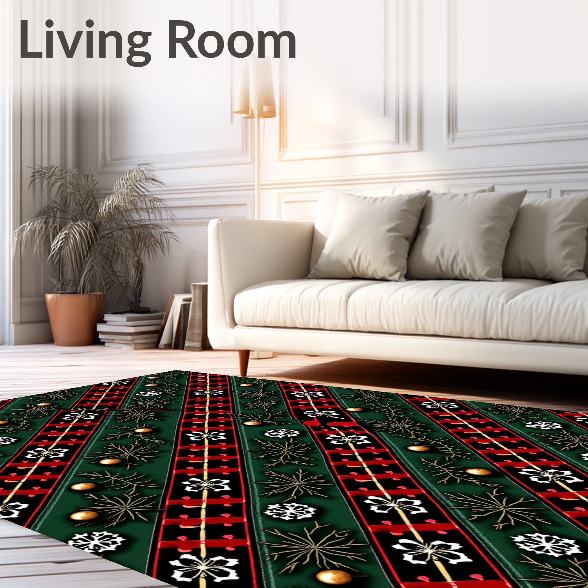 Festive Red Green Plaid Snowflakes Garland Rug
