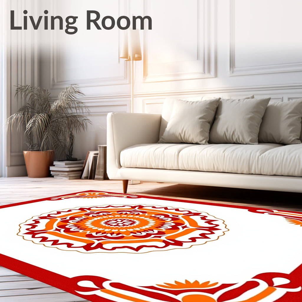 Vibrant Red Orange Floral Medallion Border Rug