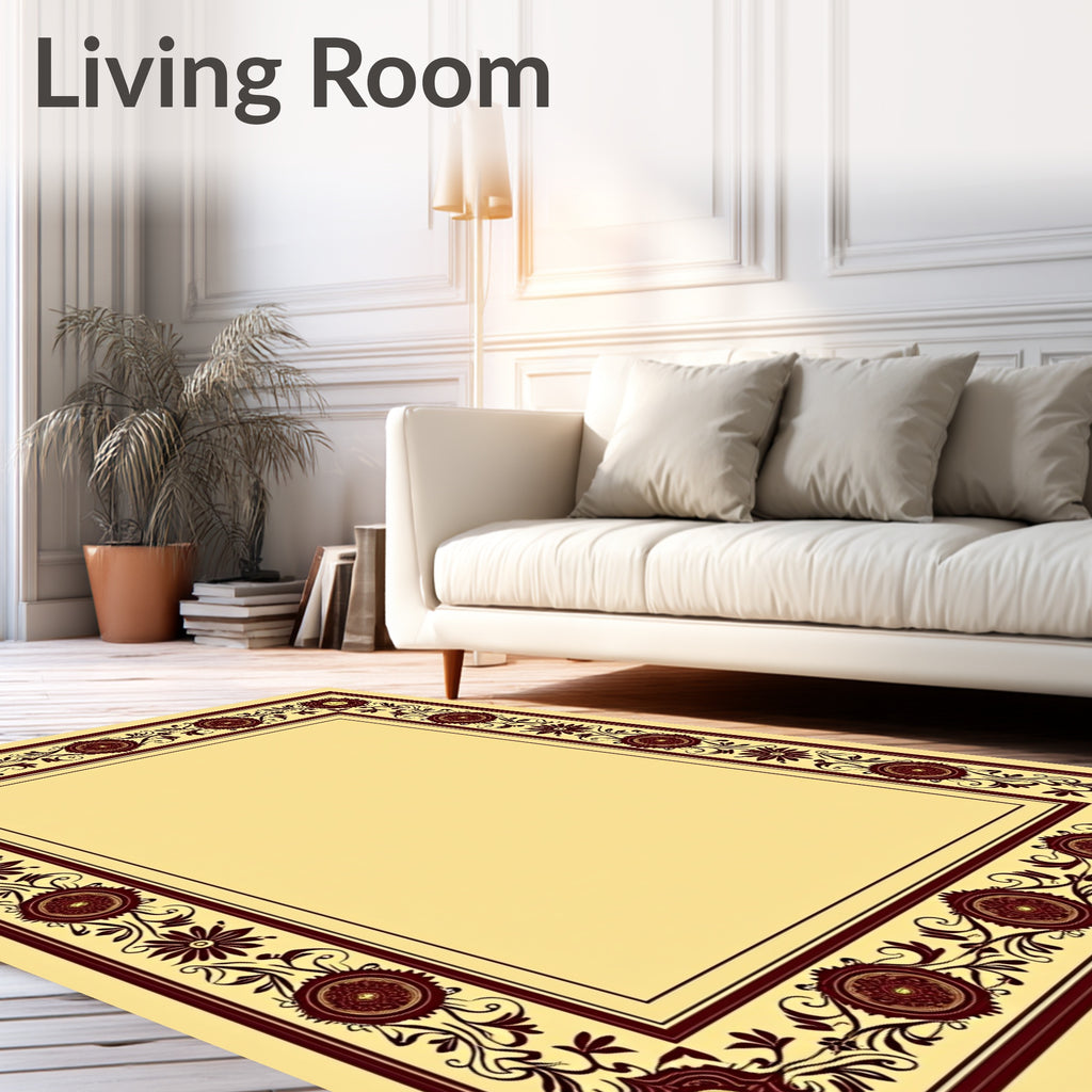 Deep Maroon Floral Vines Border Rug