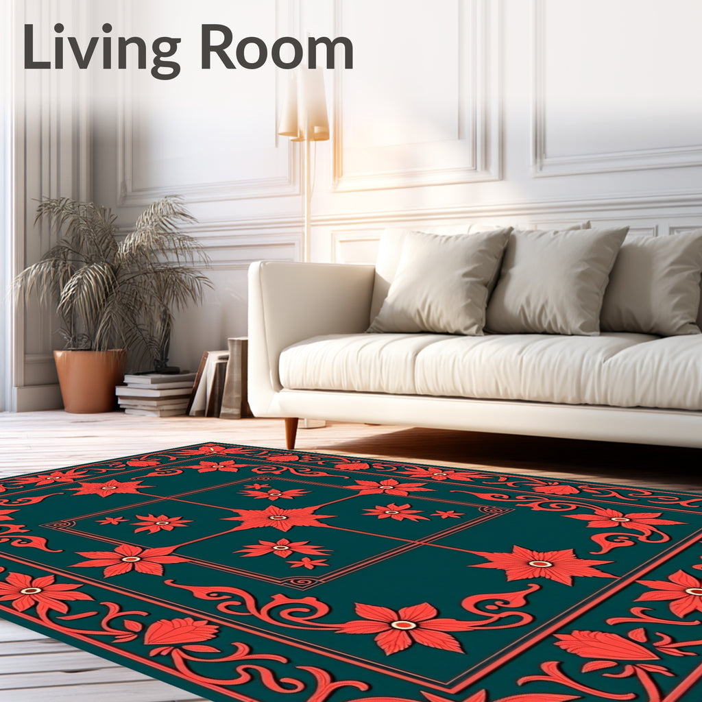 Coral Floral Bordered Teal Rug
