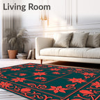 Coral Floral Bordered Teal Rug