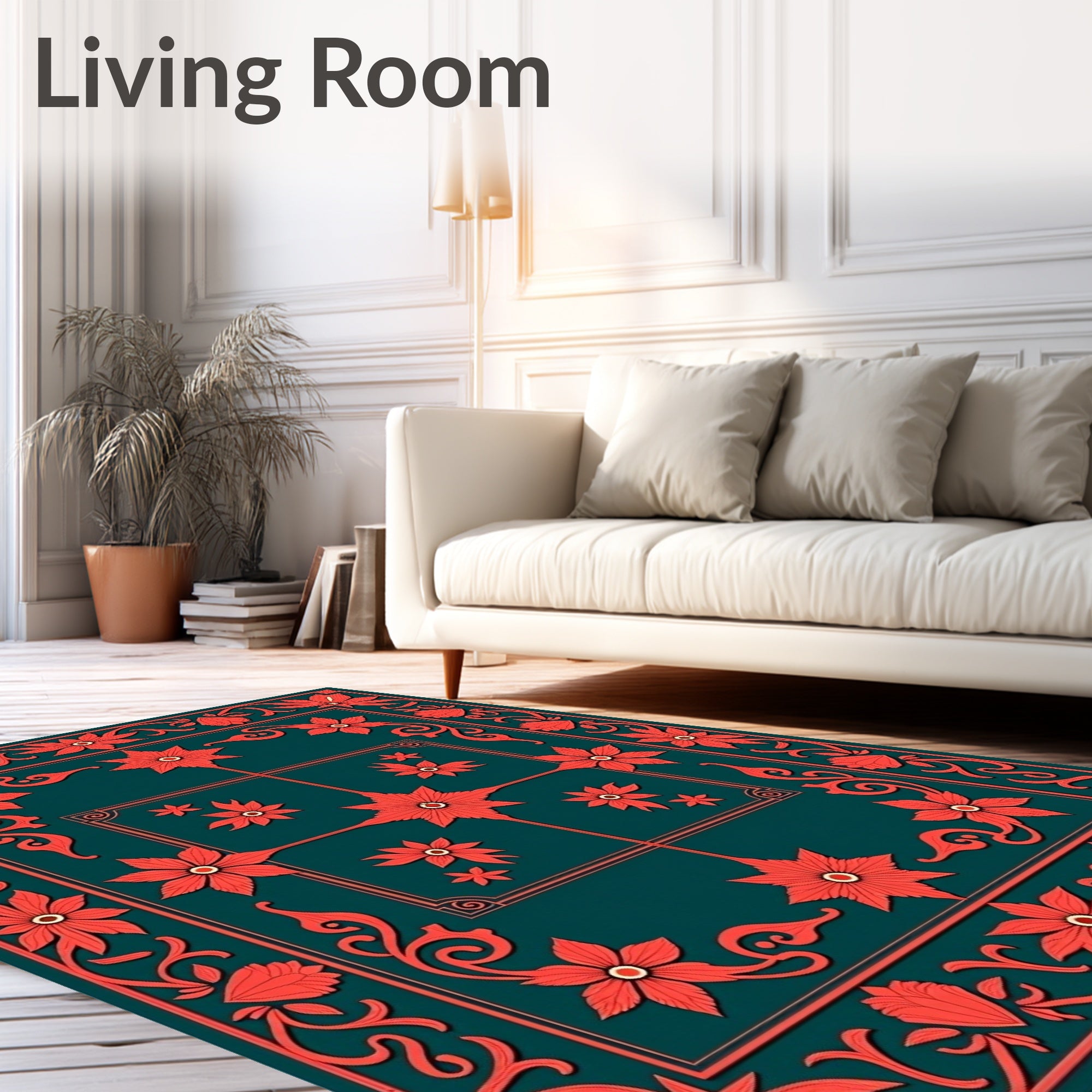 Coral Floral Bordered Teal Rug