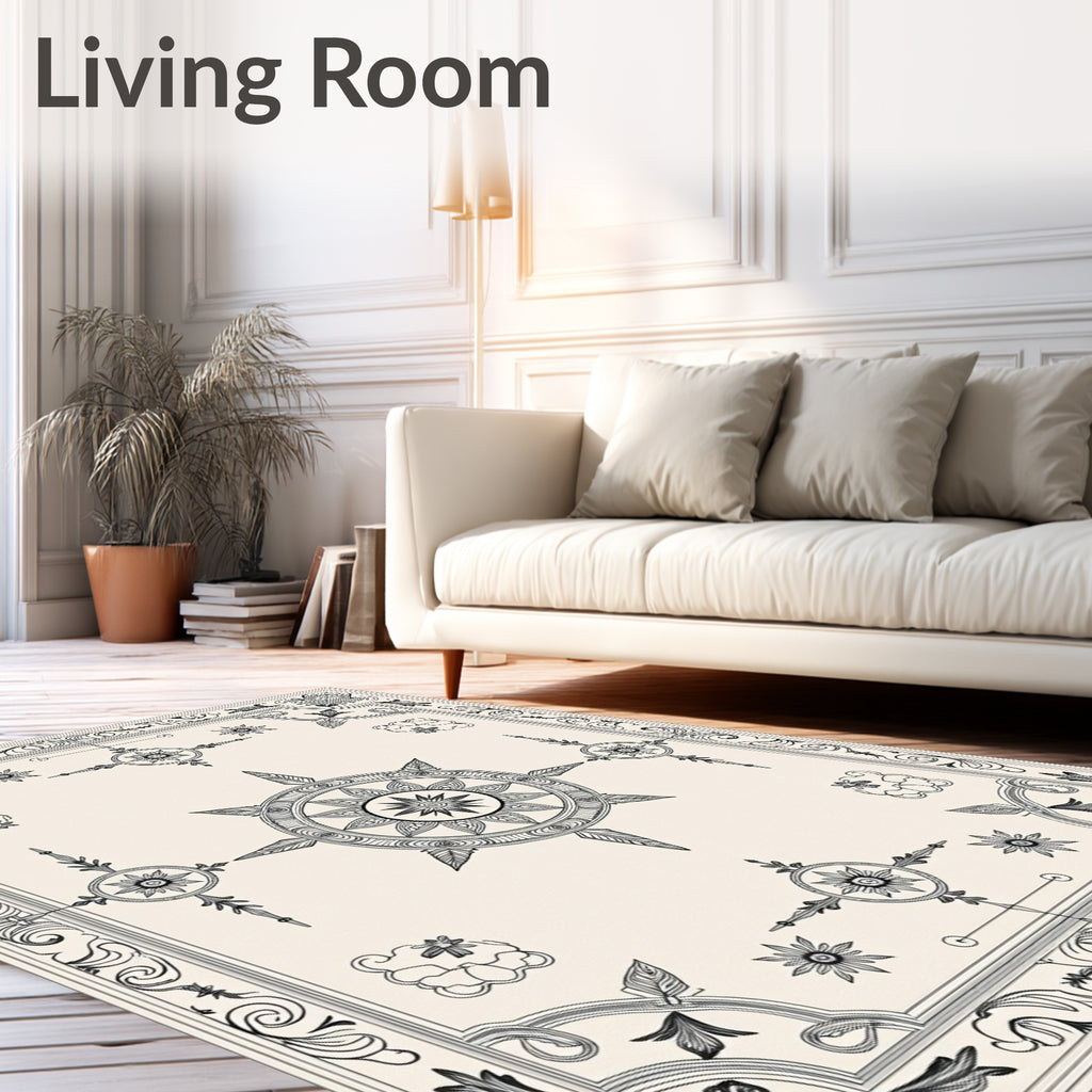 Ornate Black Floral Medallion Borders Rug