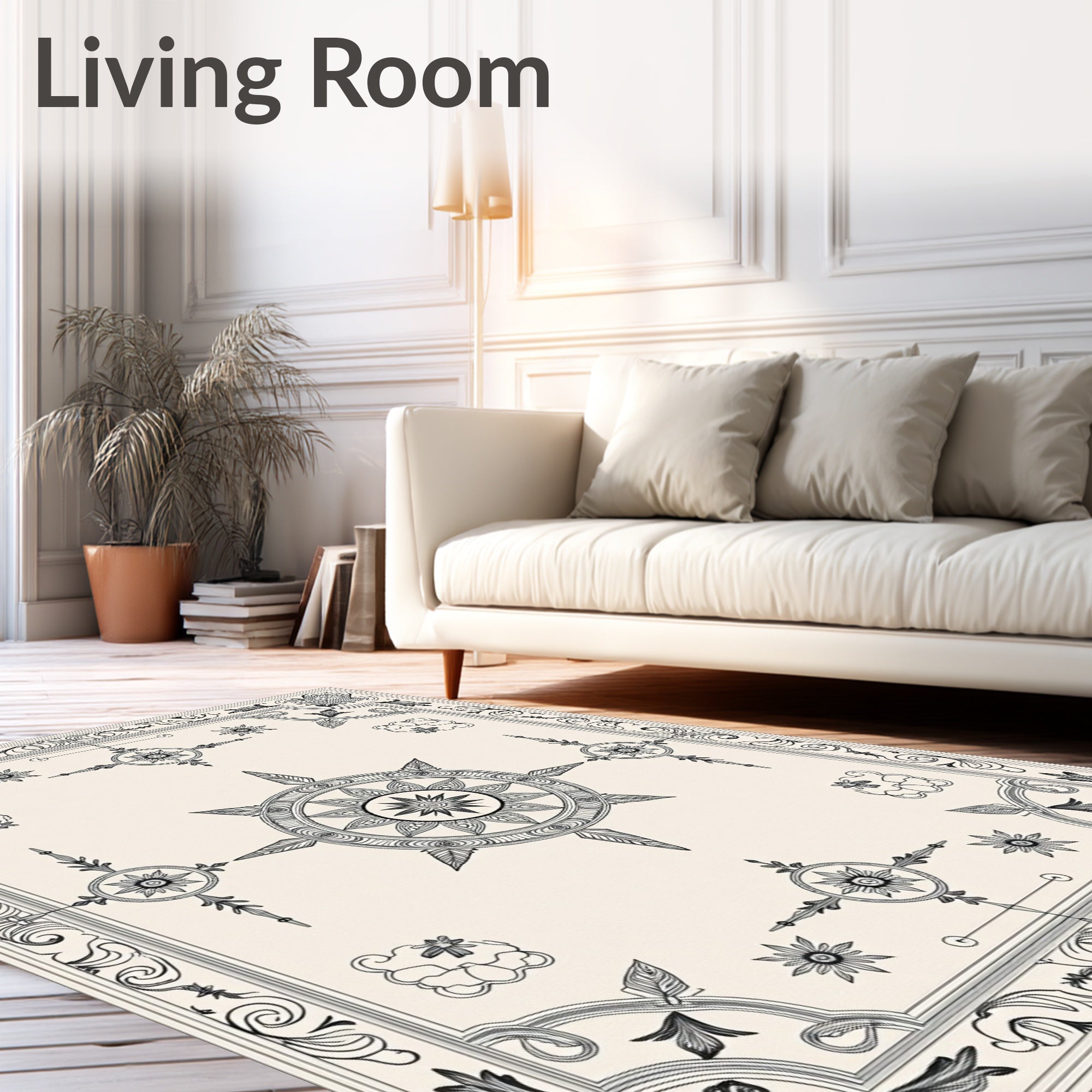 Ornate Black Floral Medallion Borders Rug