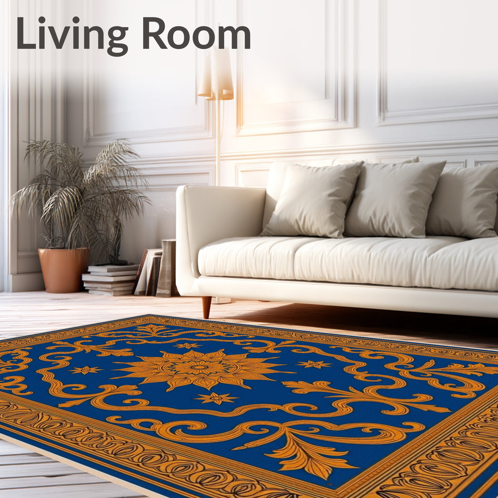 Ornate Golden Sun Blue Medallion Rug