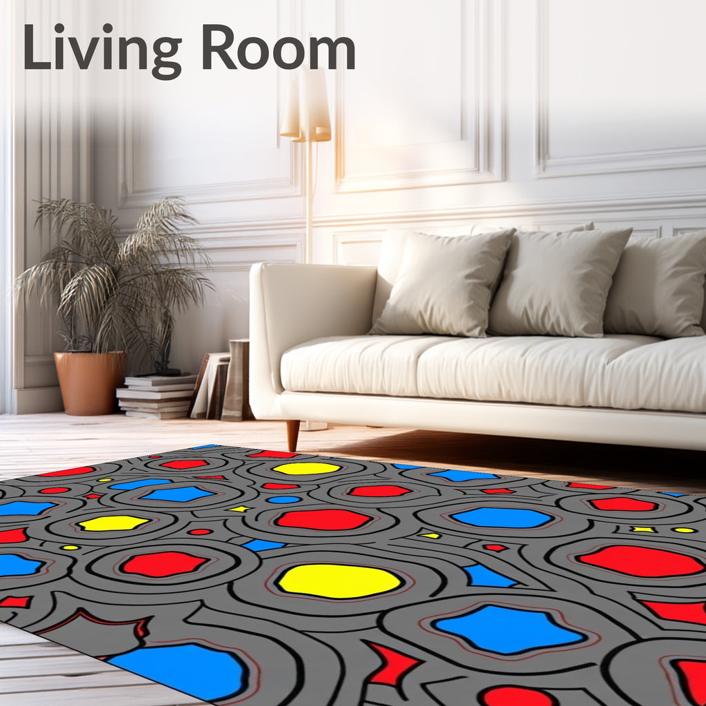 Gray Organic Shapes with Blue Red Yellow Rug