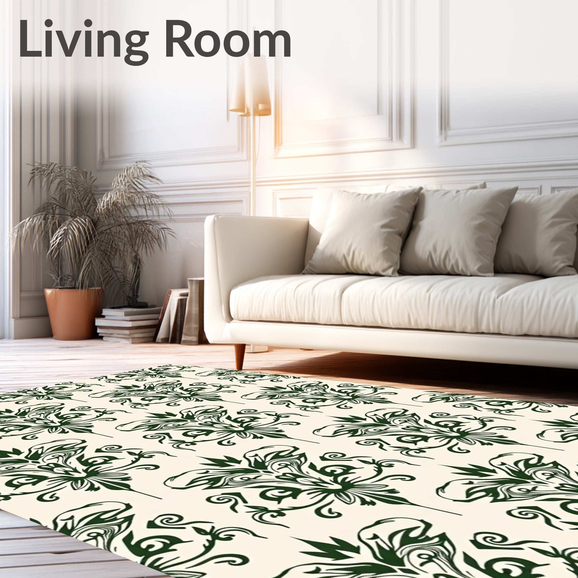 Dark Green Damask Scrollwork Rug