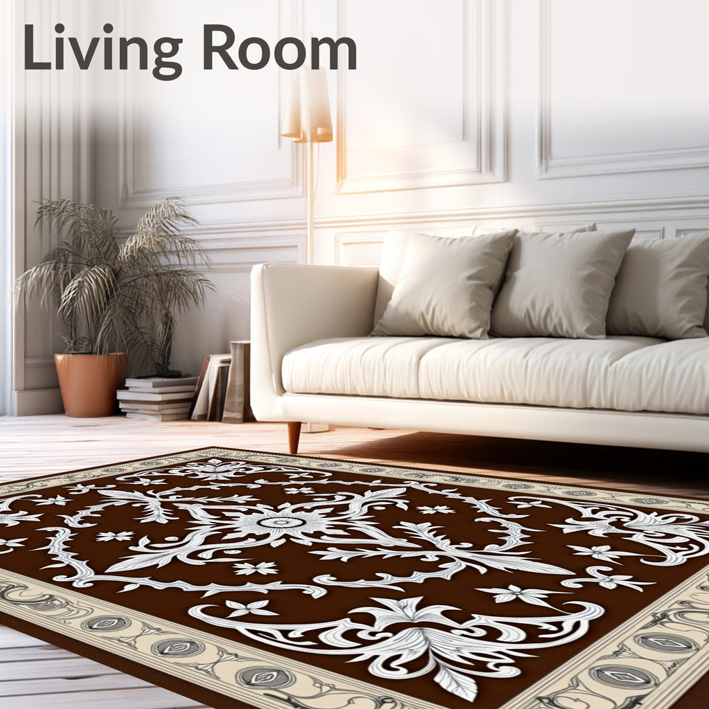 Ornate White Filigree Brown Botanical Rug