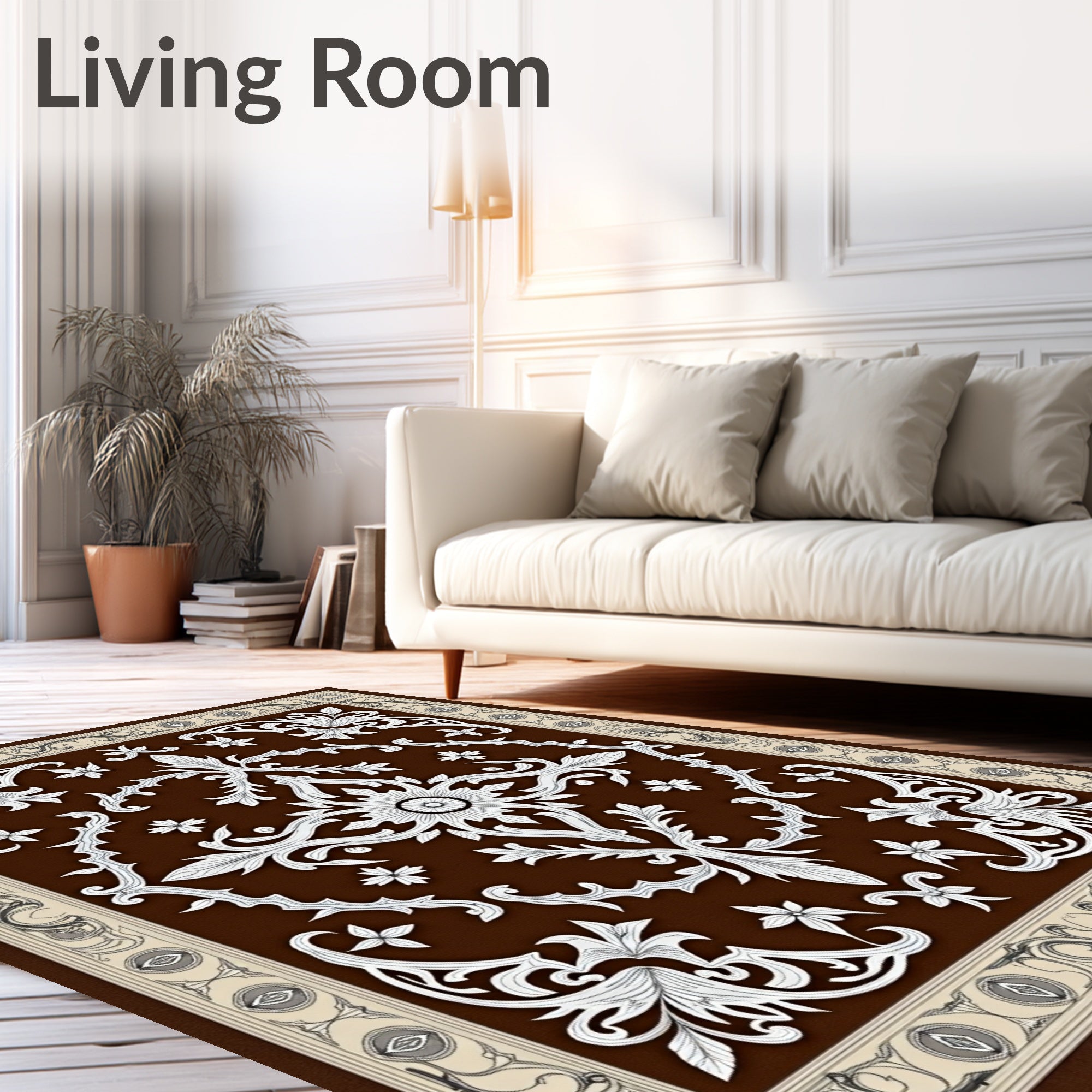 Ornate White Filigree Brown Botanical Rug