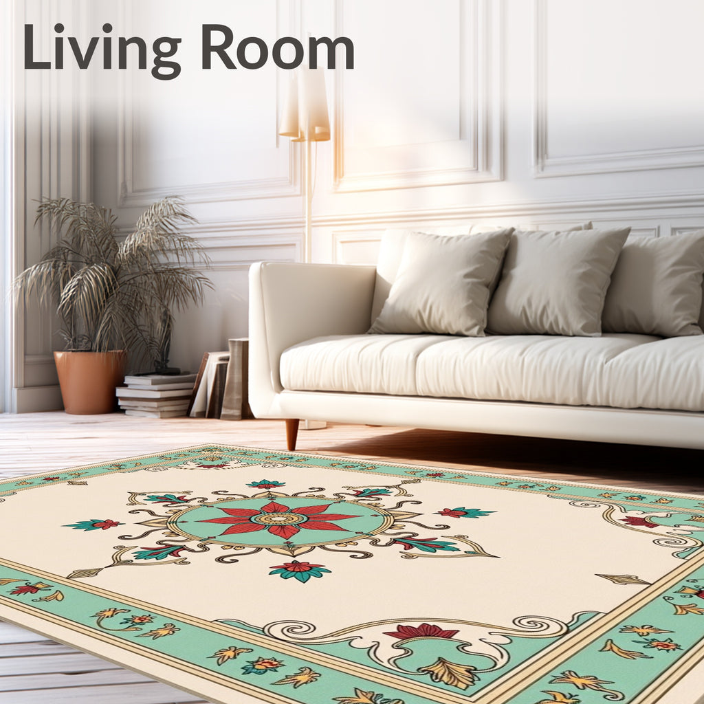 Elegant Teal Red Floral Medallion Rug