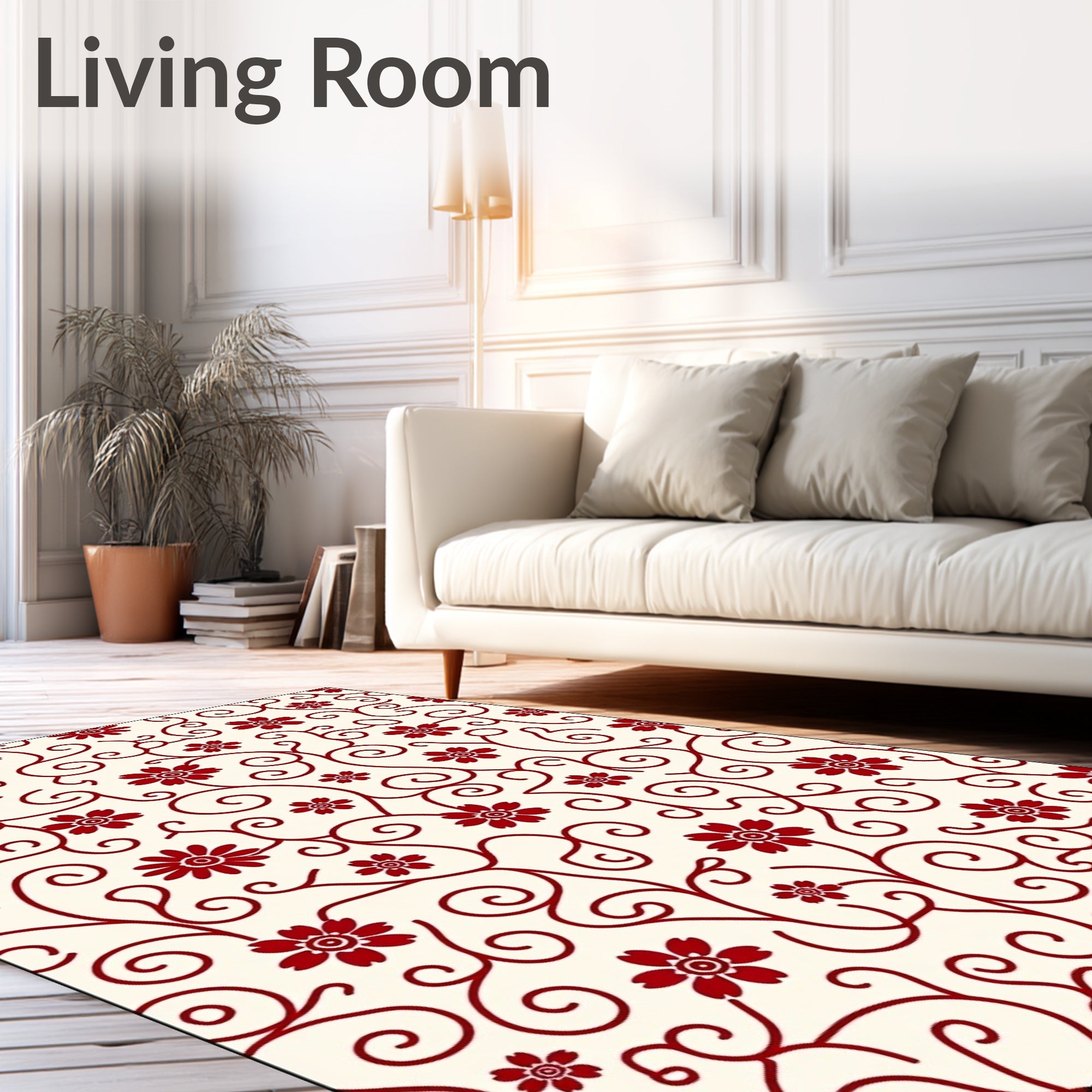 Crimson Floral Swirl Cream Rug
