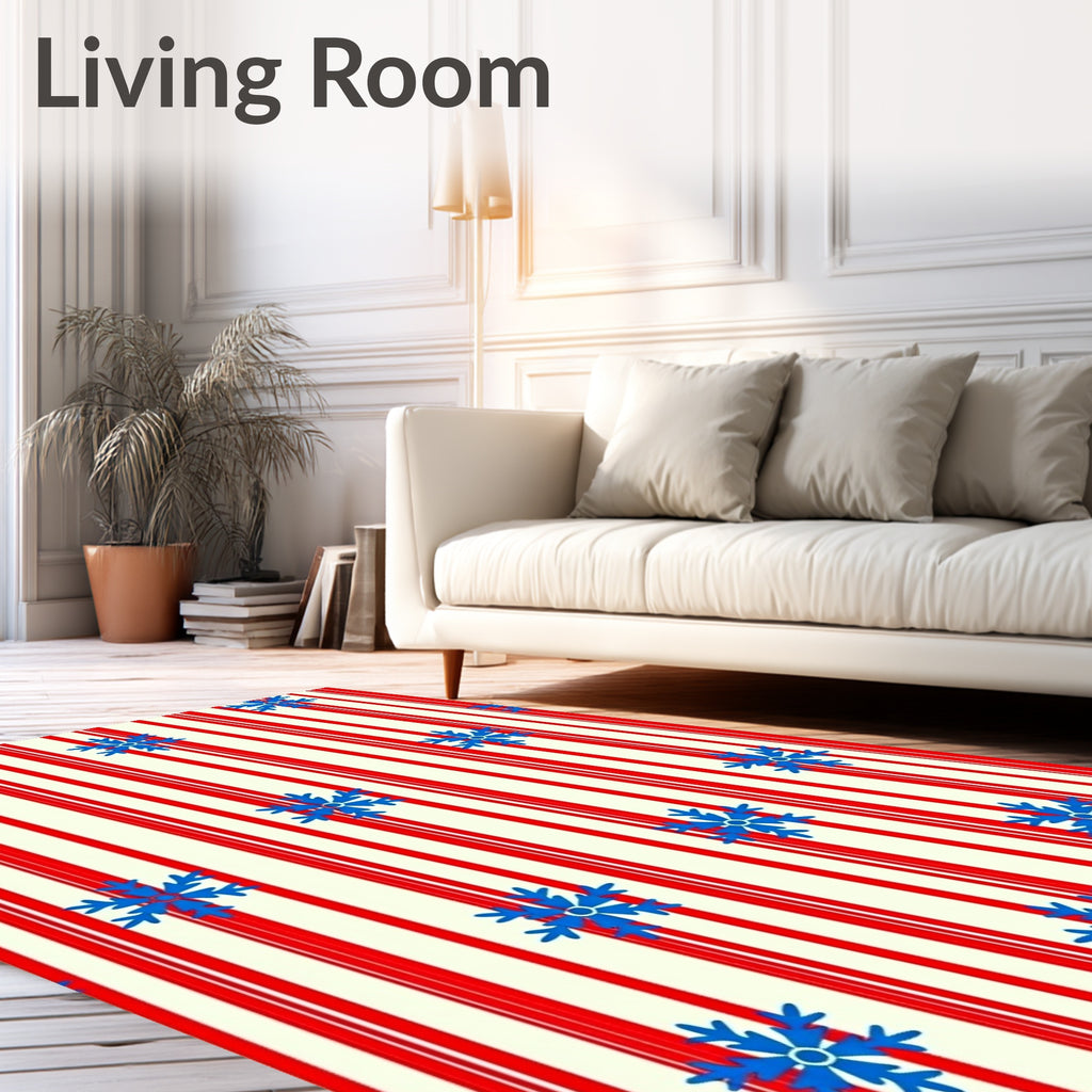 Red Cream Stripe Blue Snowflake Rug