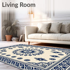 Navy Blue Geometric Medallion Floral Rug