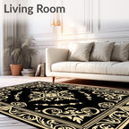 Black Gold Ornate Floral Border Rug