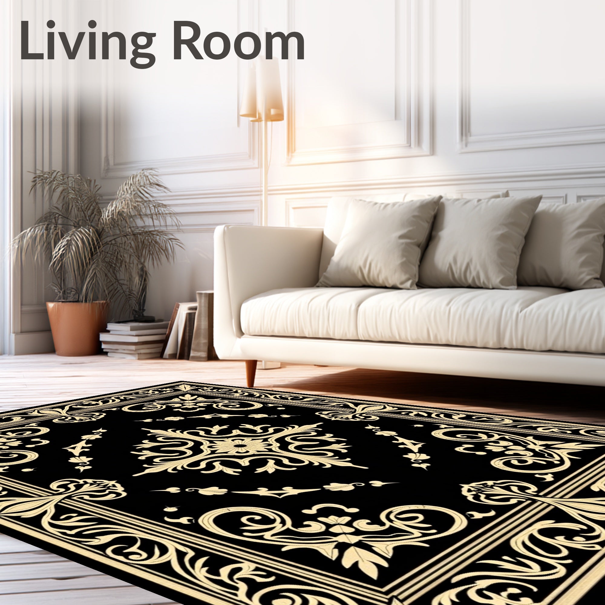 Black Gold Ornate Floral Border Rug