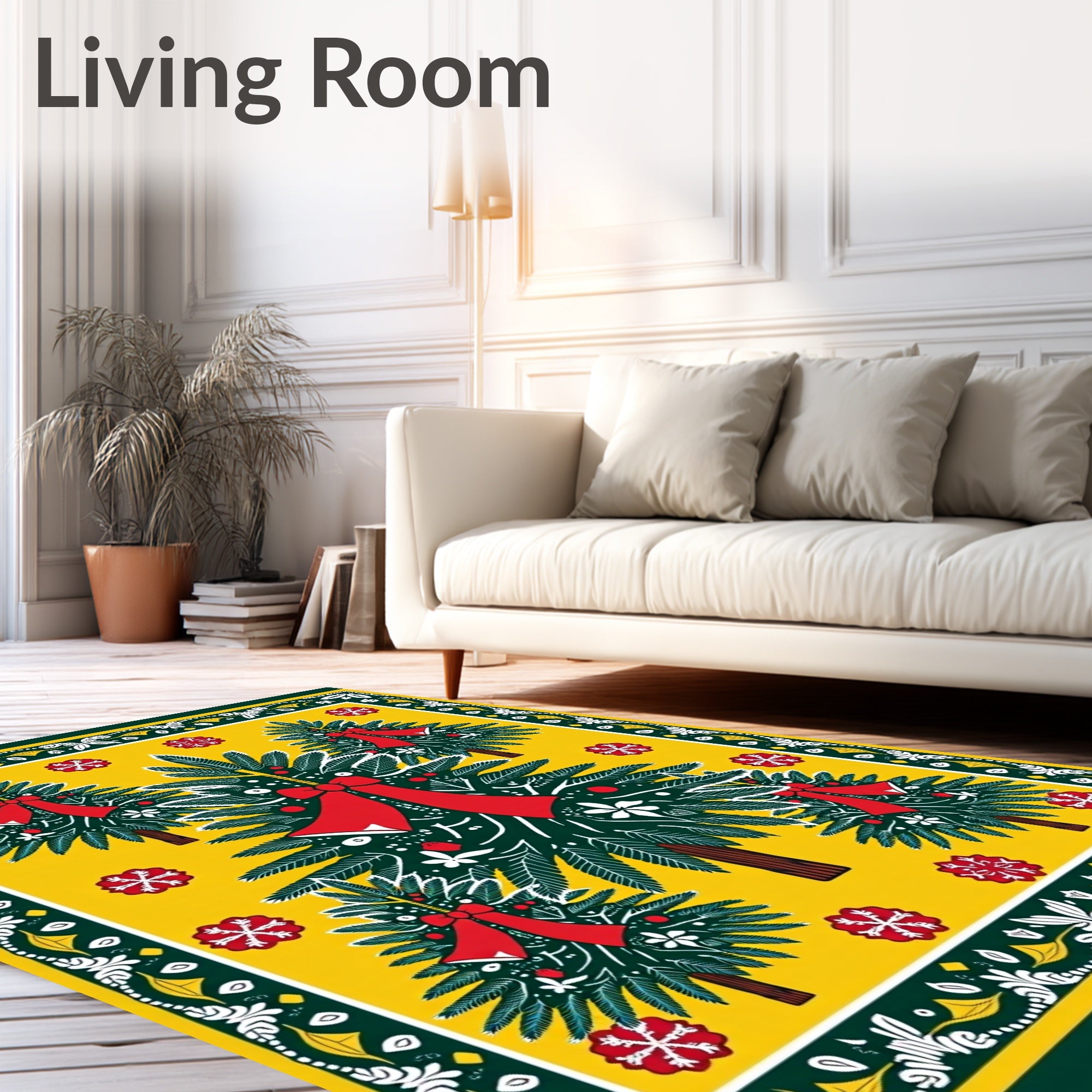 Festive Pine Trees Red Bow Snowflakes Yellow Rug