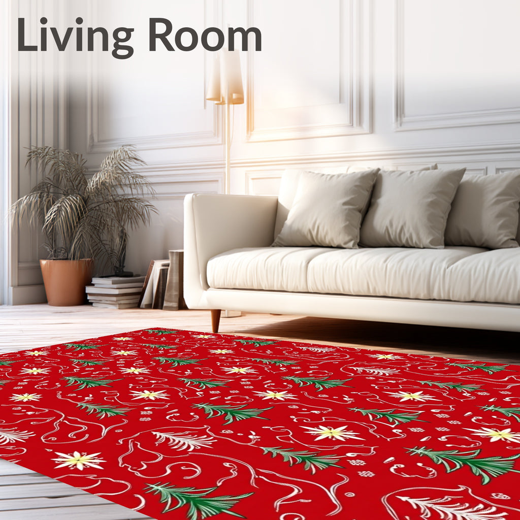 Green Christmas Trees and Stars Red Rug
