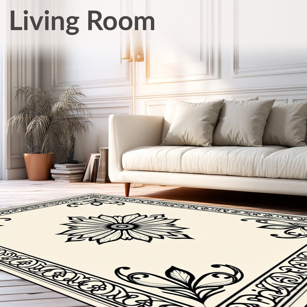 Cream Black Floral Bordered Medallion Rug