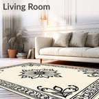 Cream Black Floral Bordered Medallion Rug