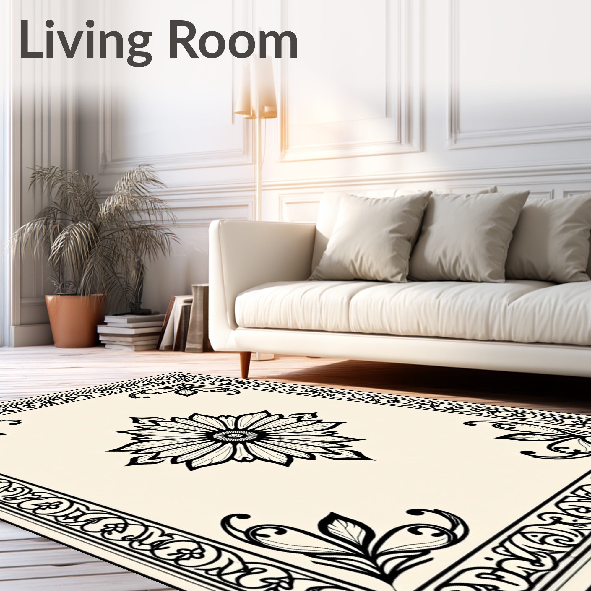 Cream Black Floral Bordered Medallion Rug
