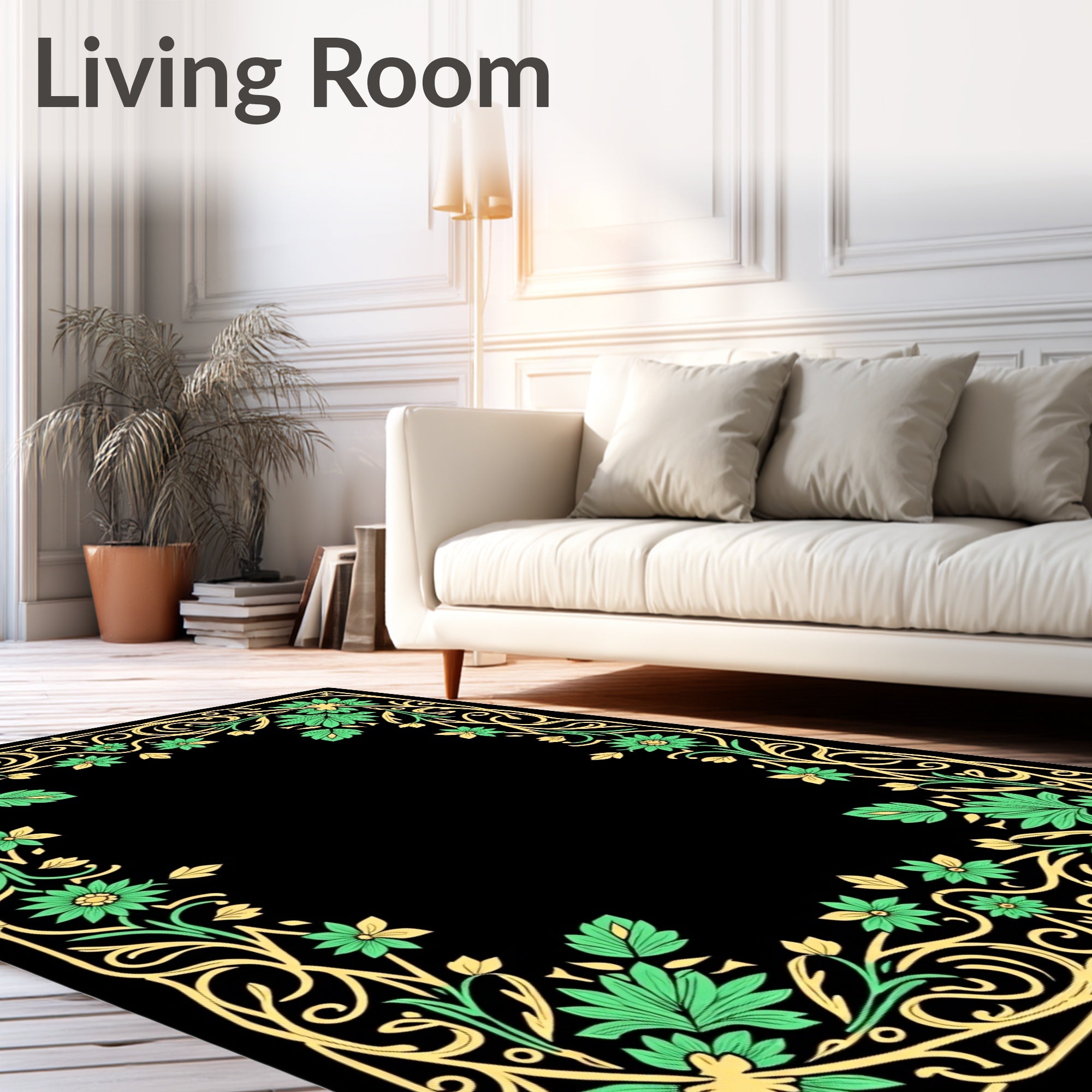 Golden Green Floral Art Nouveau Border Rug