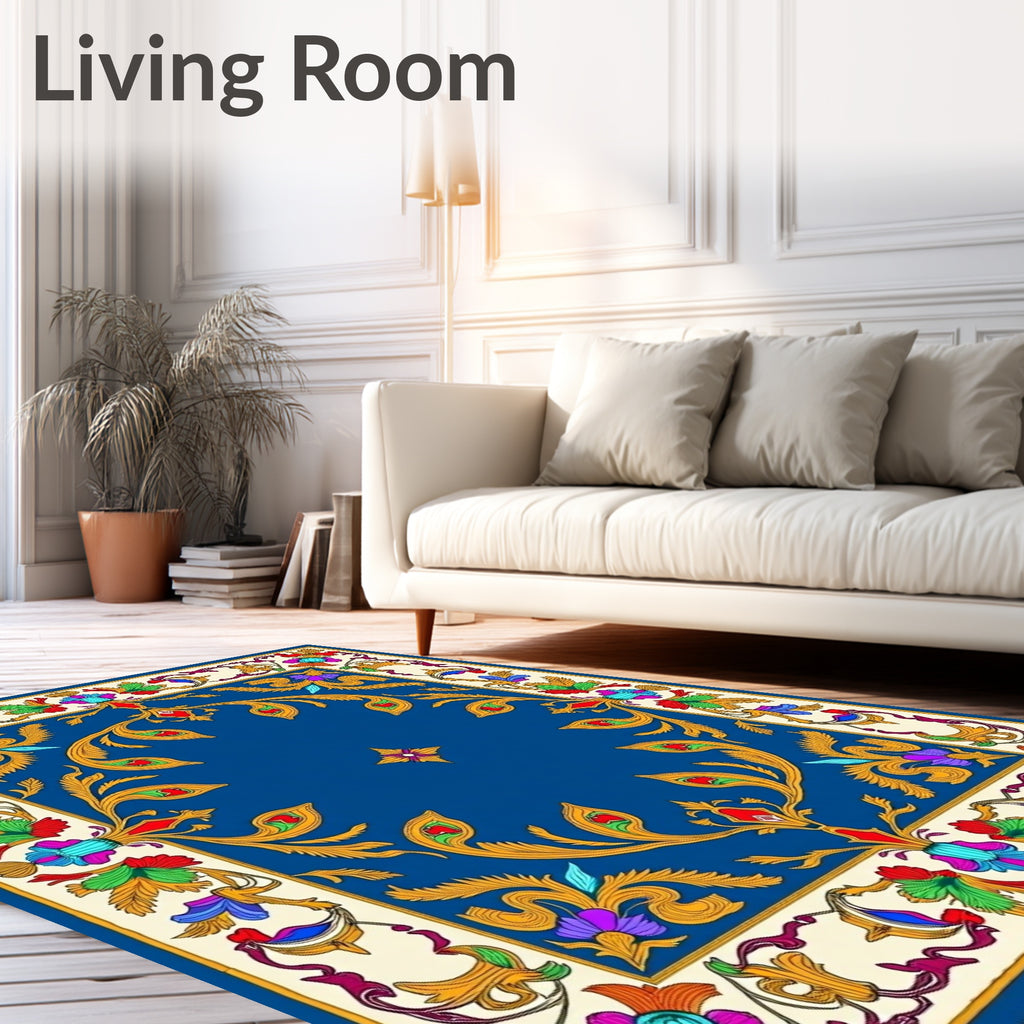 Ornate Blue Floral Scroll Medallion Rug