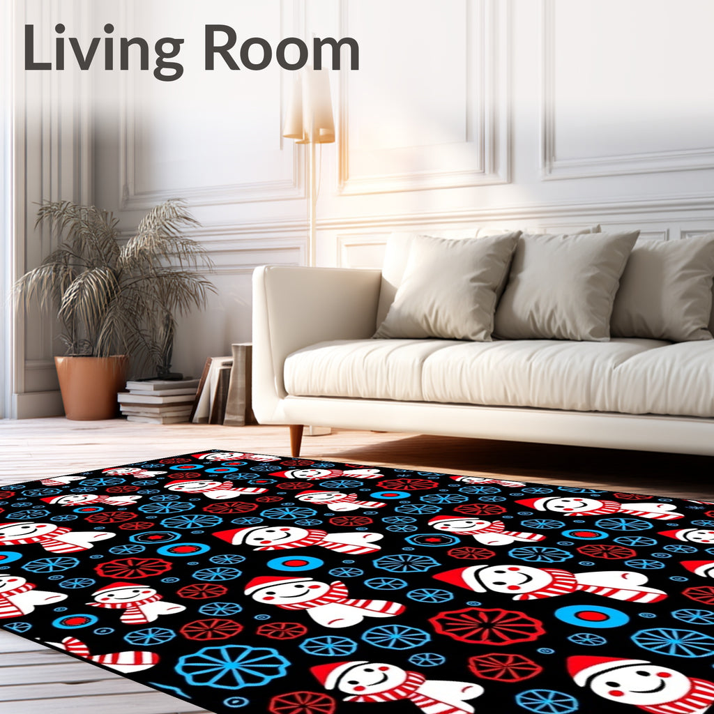 Whimsical Snowman Red Blue Circles Rug