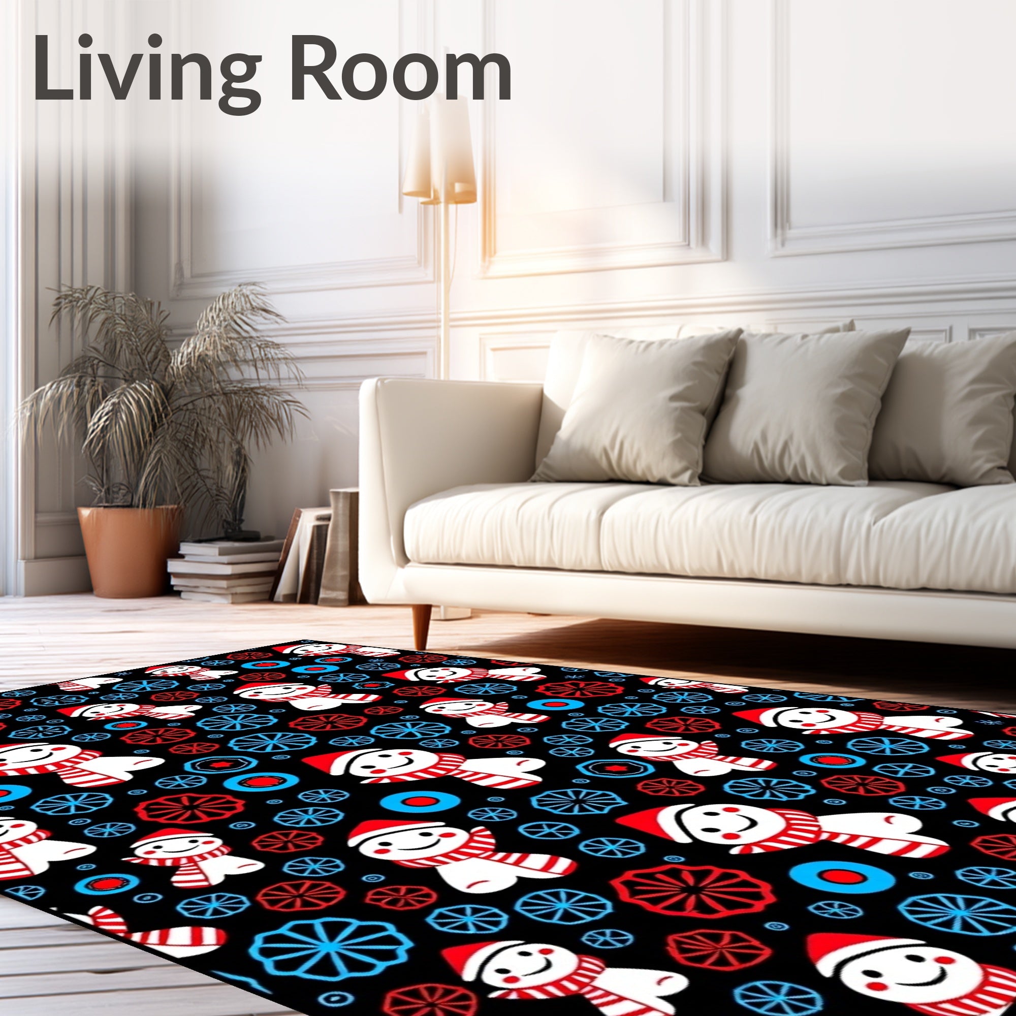 Whimsical Snowman Red Blue Circles Rug