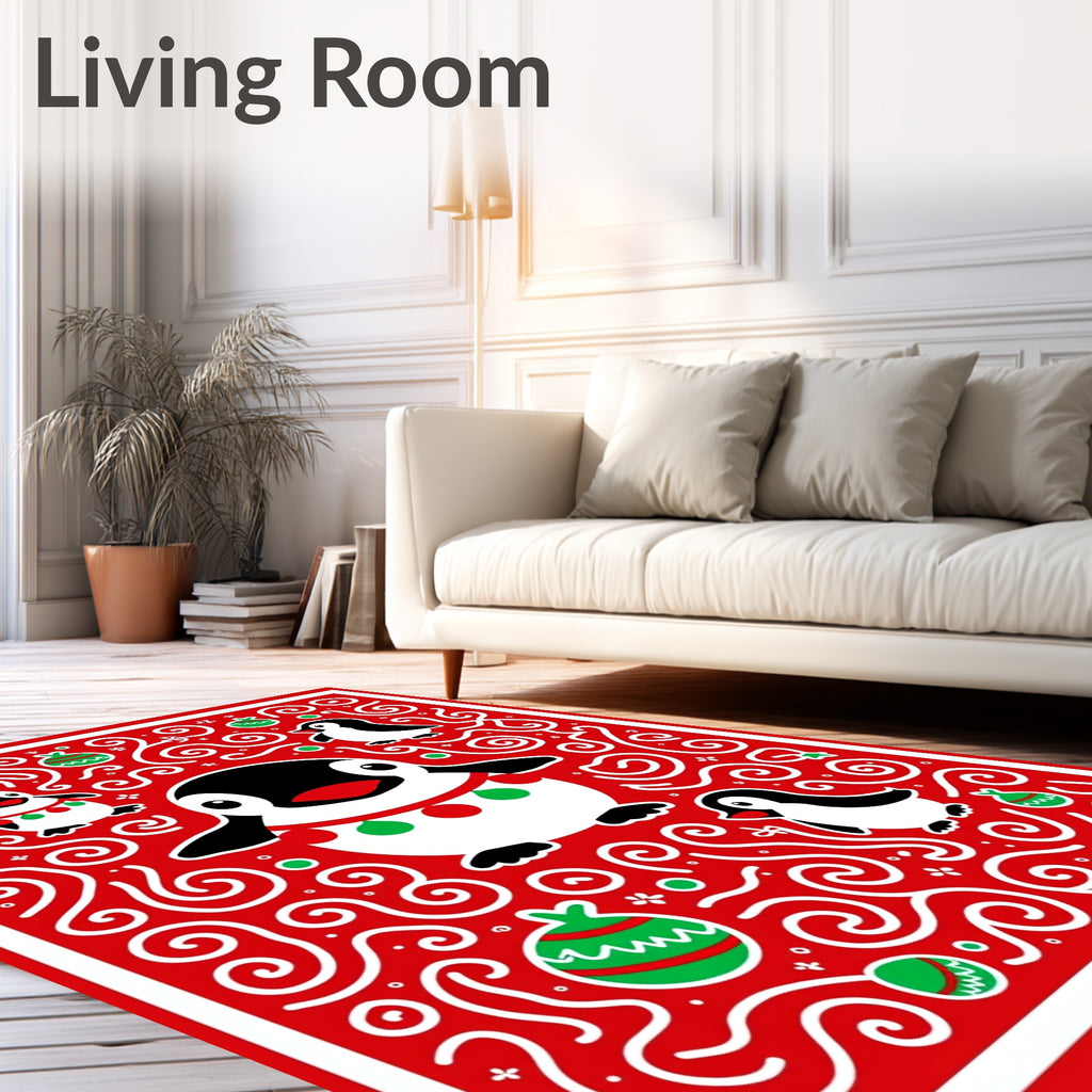 Festive Red Penguin Christmas Swirls Rug