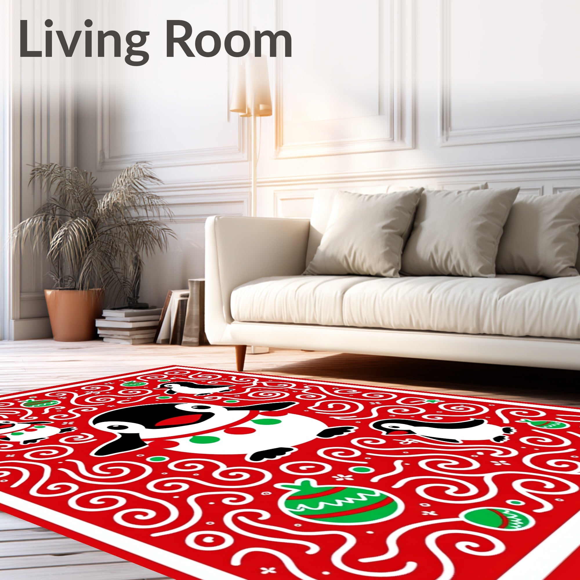 Festive Red Penguin Christmas Swirls Rug
