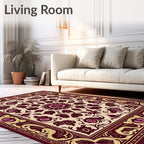 Ornate Crimson Rose Swirl Bordered Accent Rug