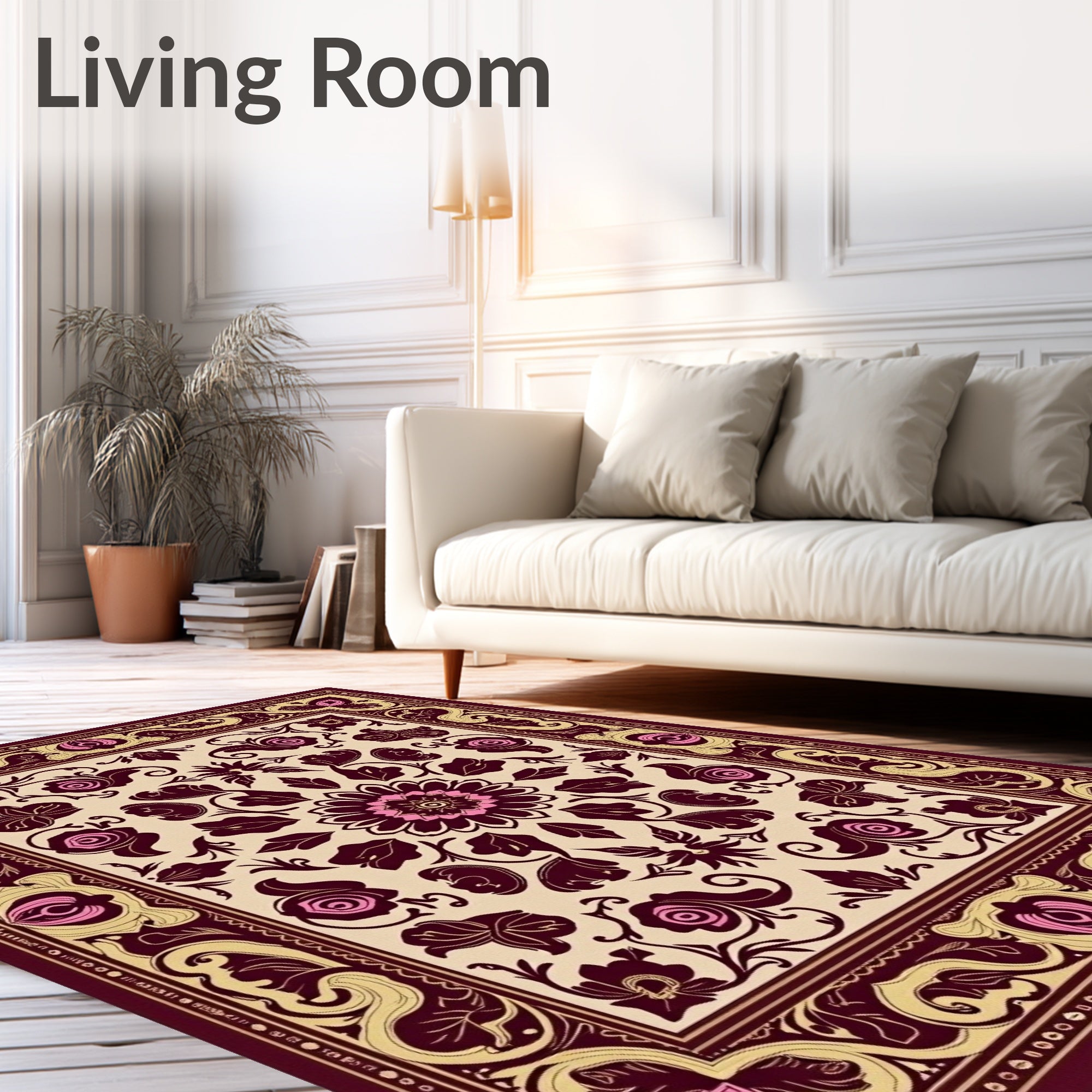 Ornate Crimson Rose Swirl Bordered Accent Rug