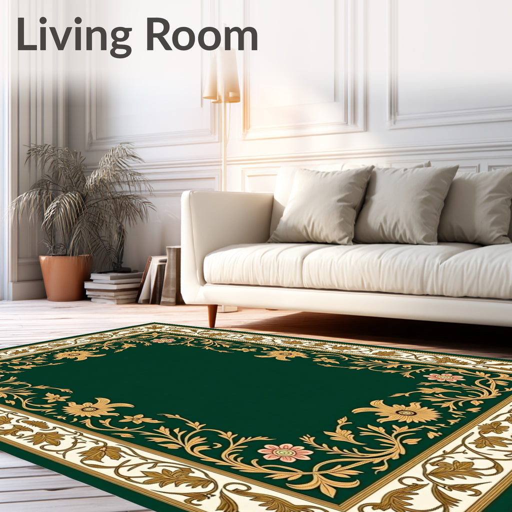 Emerald Green Floral Garland Border Rug