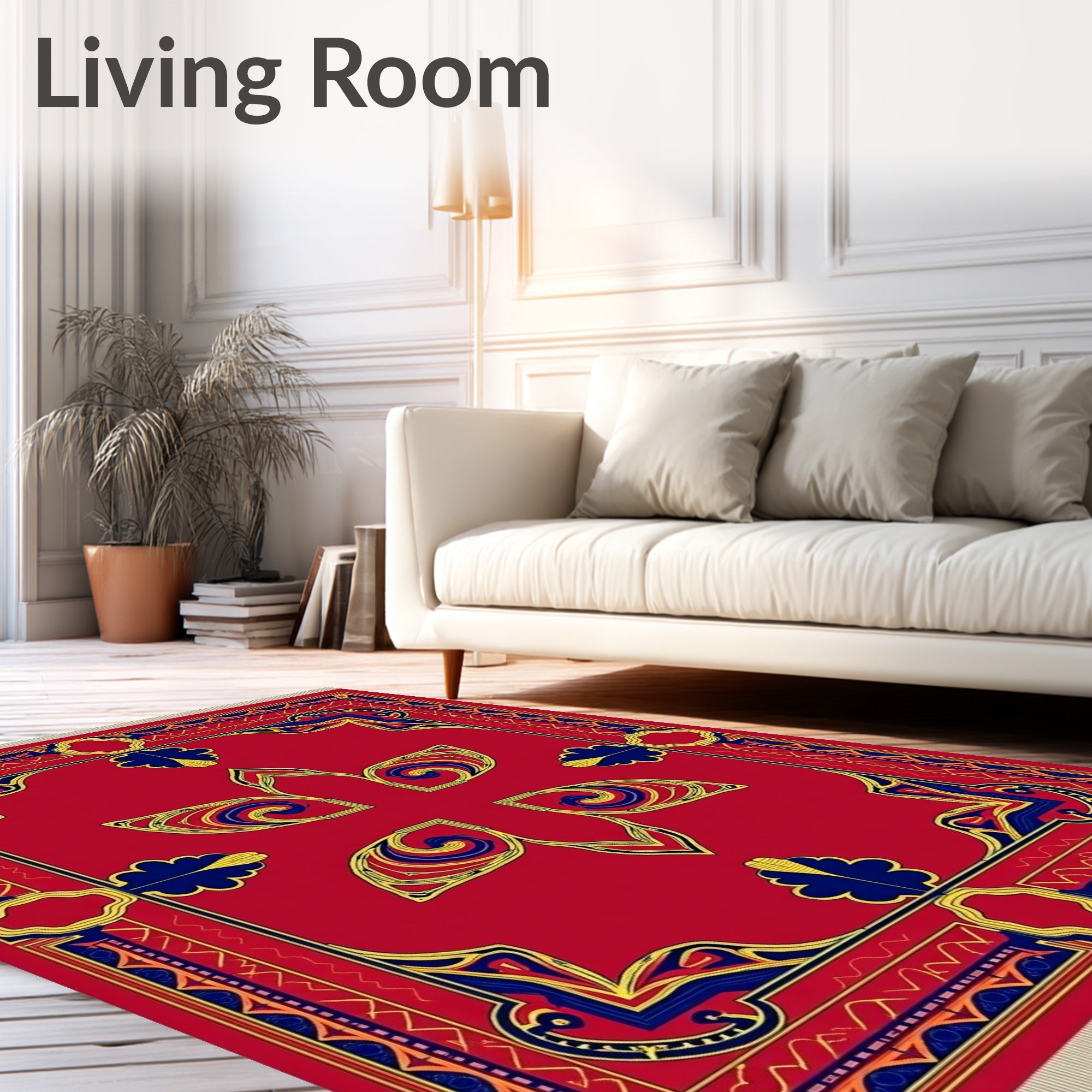 Bold Red Blue Golden Floral Frame Rug