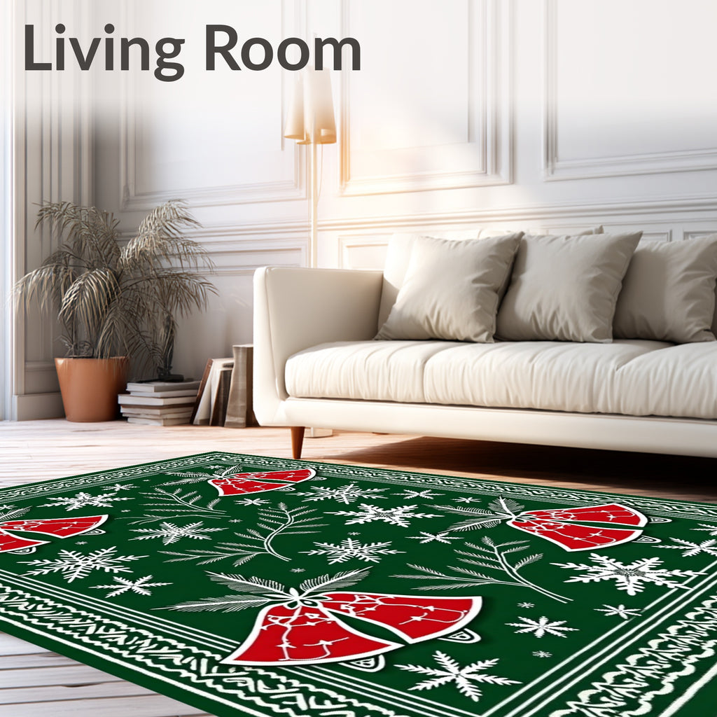 Festive Red Bell Snowflakes Border Rug