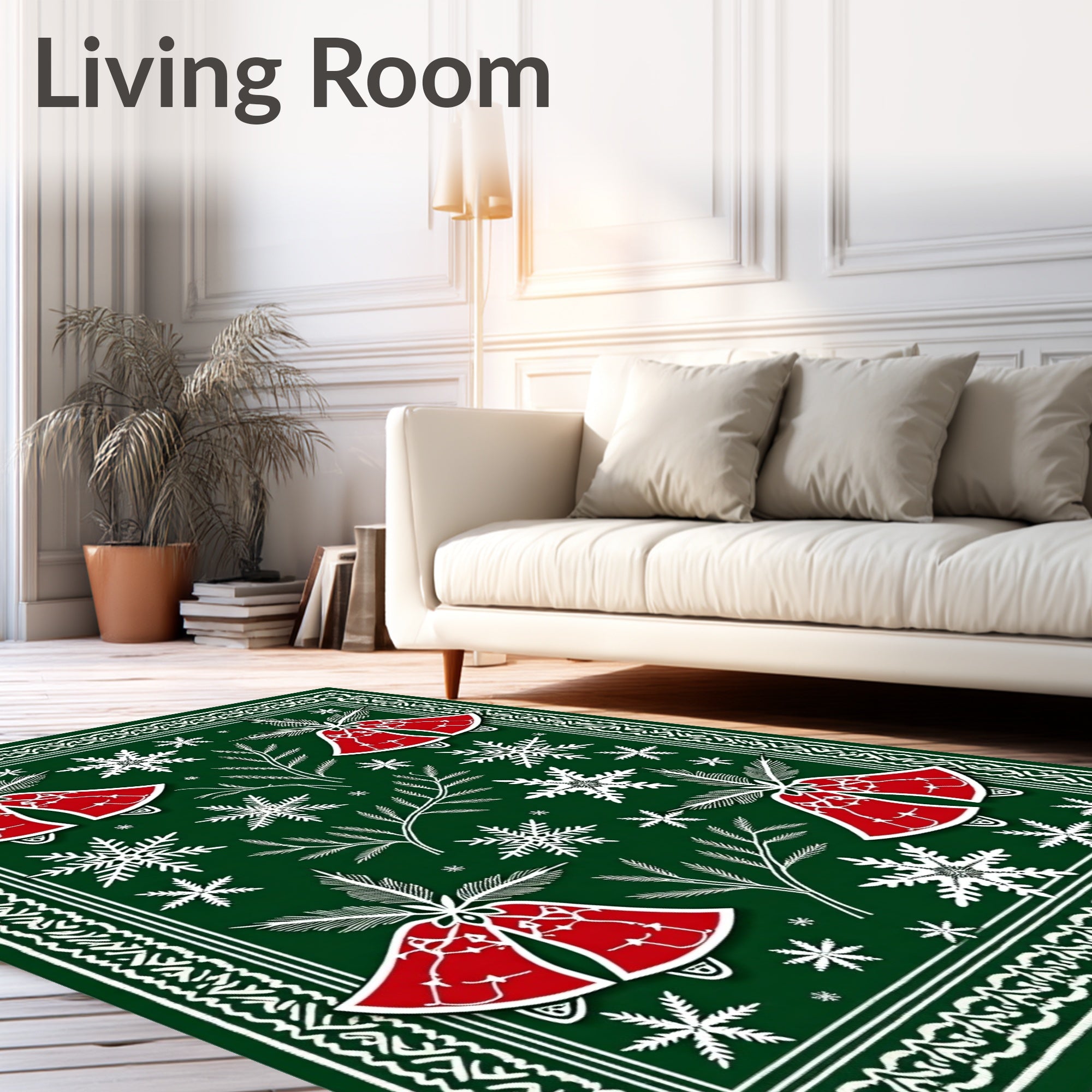 Festive Red Bell Snowflakes Border Rug
