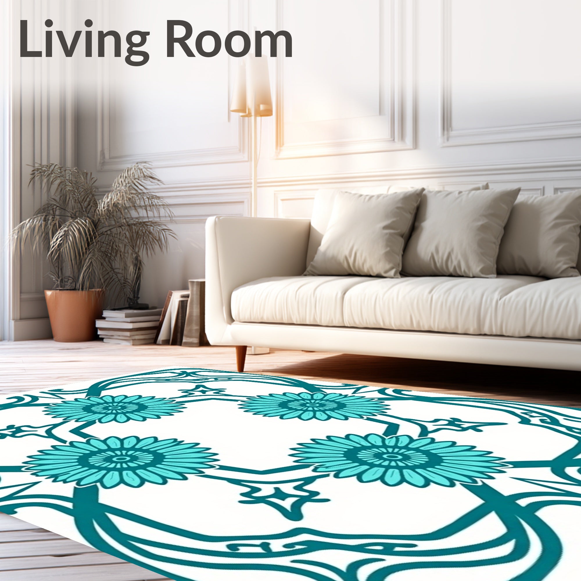 Teal Floral Art Nouveau Frame Rug