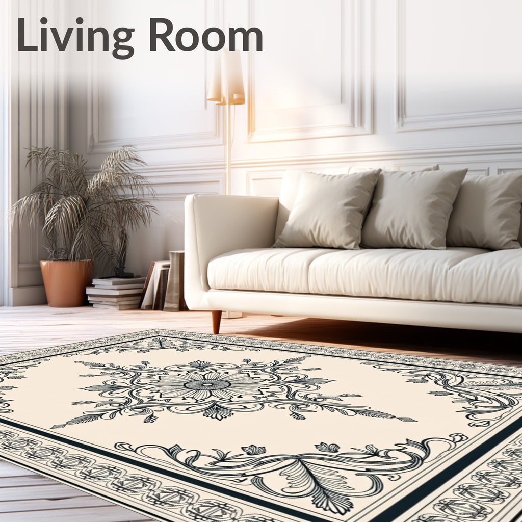 Ornate Floral Medallion Ivory Background Rug