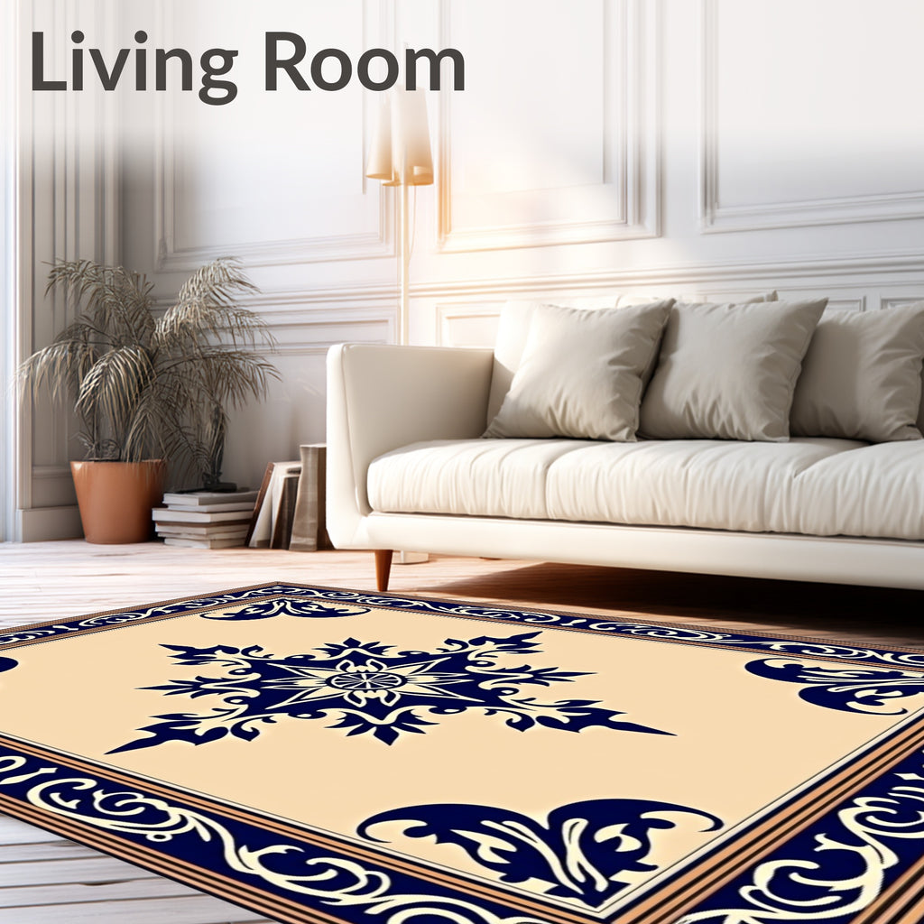 Dark Blue Ornamental Ivory Medallion Rug