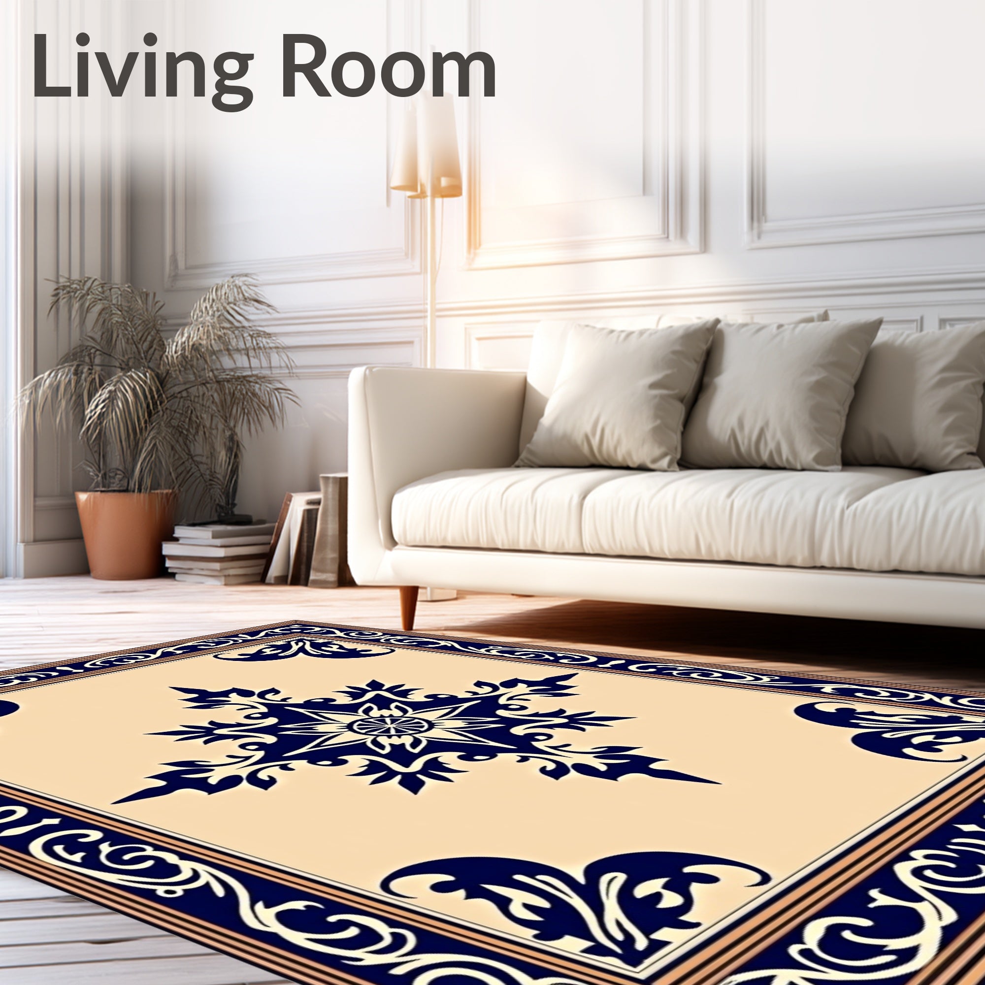 Dark Blue Ornamental Ivory Medallion Rug