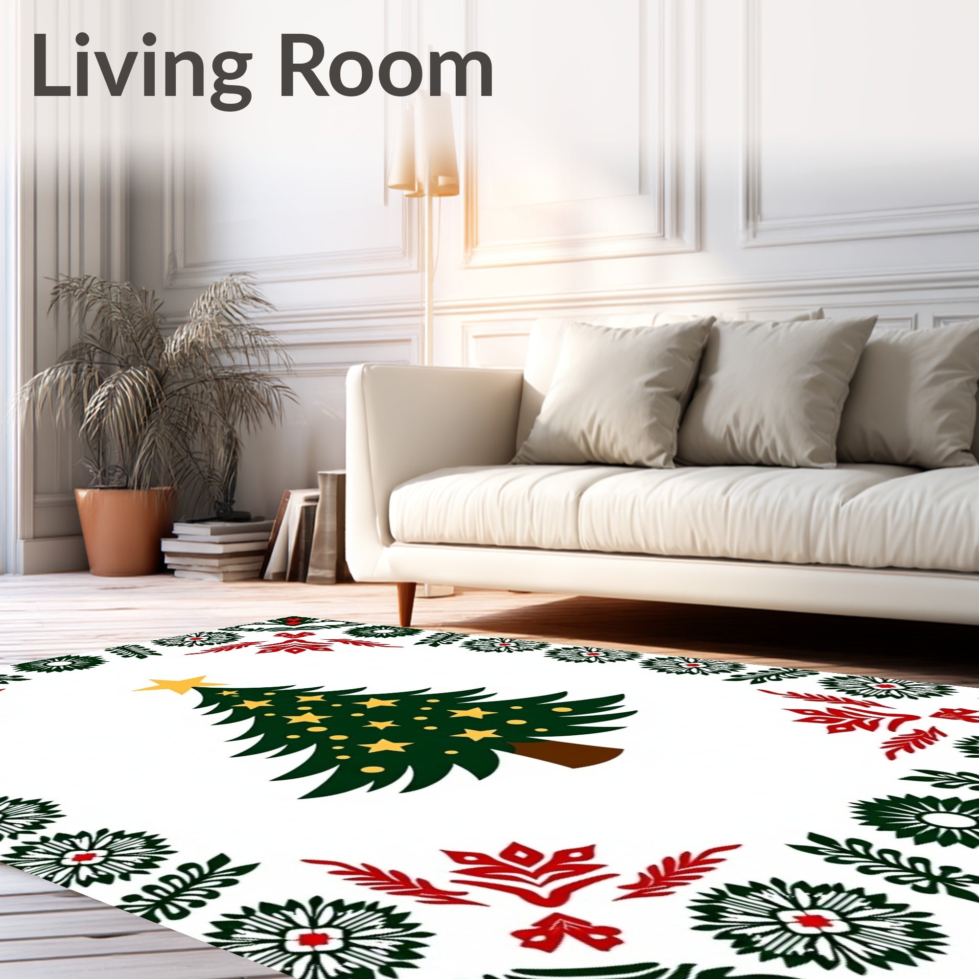 Festive Green Christmas Tree Border Rug