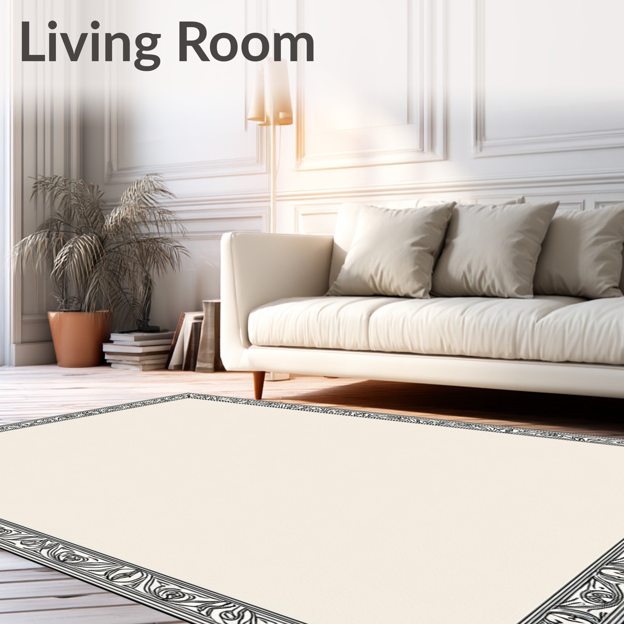 Elegant Cream Black Border Floral Rug