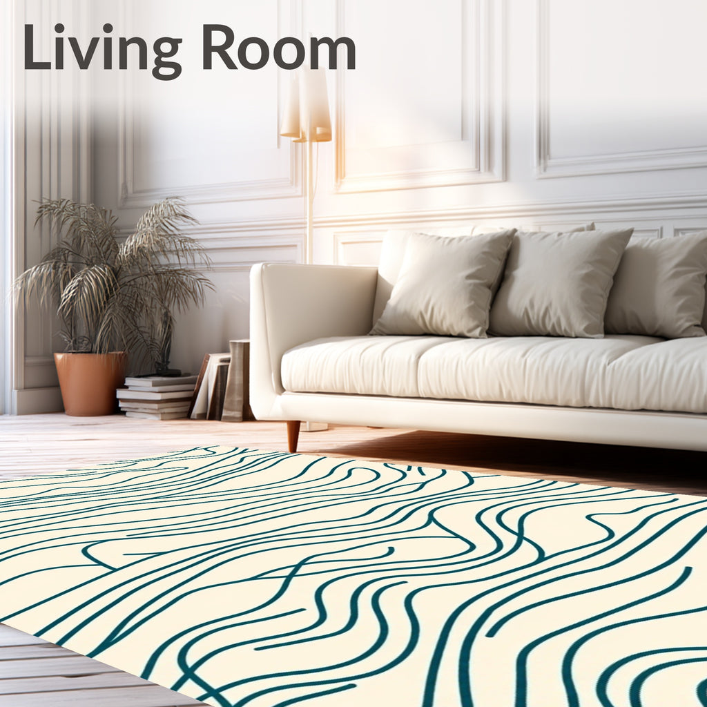 Cream Teal Abstract Organic Waves Rug