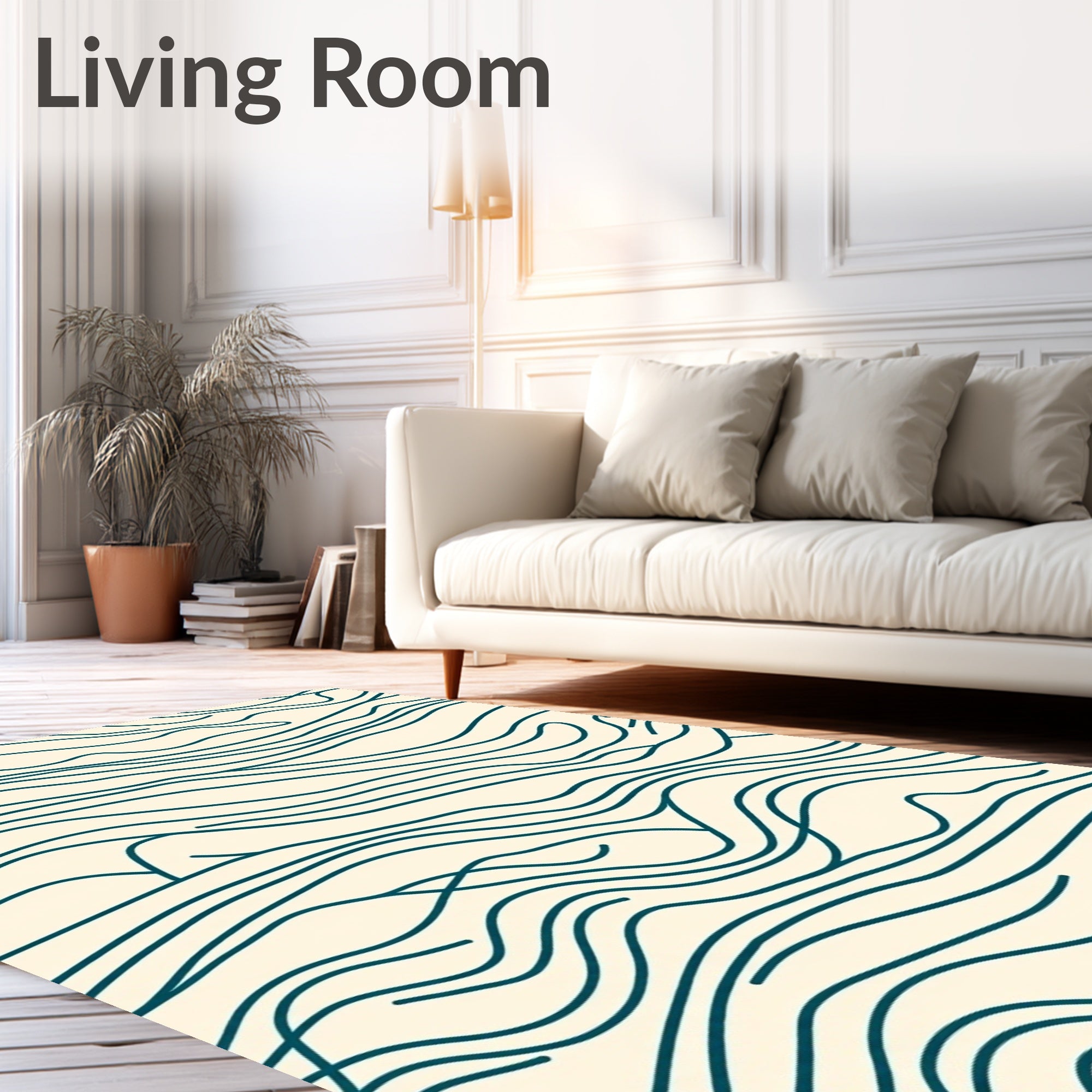 Cream Teal Abstract Organic Waves Rug