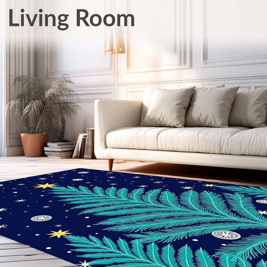 Teal Christmas Tree Starry Night Rug